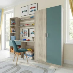 Armadio 220x180h cm cameretta con scrivania e libreria rovere blu petrolio Alex Gihome®