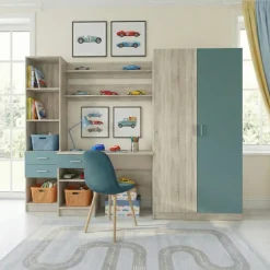 Armadio 220x180h cm cameretta con scrivania e libreria rovere blu petrolio Alex Gihome®
