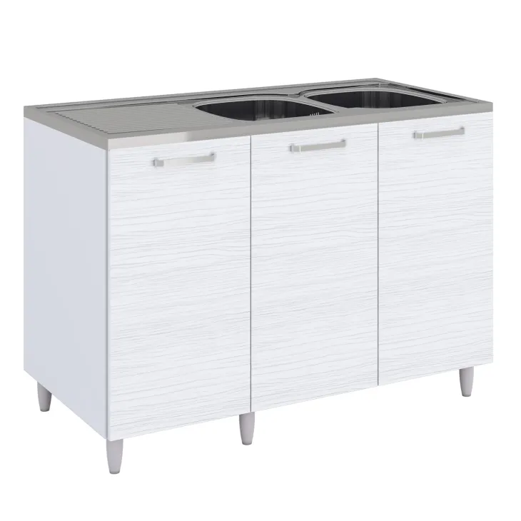 Base sottolavello 120x83h cm con doppio lavello e gocciolatoio a sinistra 3 ante bianco frassinato Talise