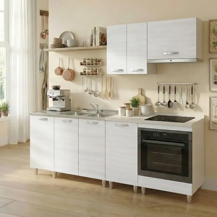 Base sottolavello 120x83h cm con doppio lavello e gocciolatoio a sinistra 3 ante bianco frassinato Talise