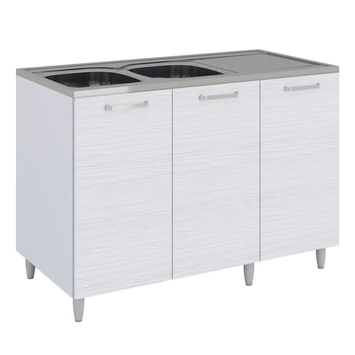 Base sottolavello 120x83h cm con doppio lavello e gocciolatoio a destra 3 ante bianco frassinato Talise