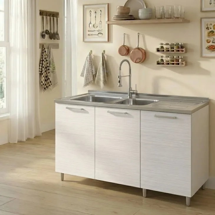 Base sottolavello 120x83h cm con doppio lavello e gocciolatoio a destra 3 ante bianco frassinato Talise