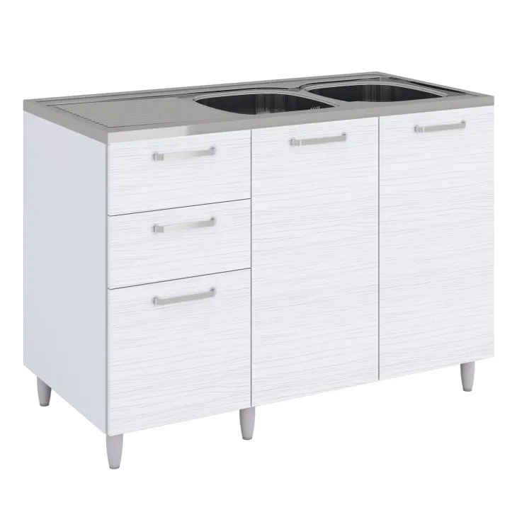 Base sottolavello 120x83h cm con doppio lavello e gocciolatoio a sinistra 2 ante 3 cassetti bianco frassinato Talise