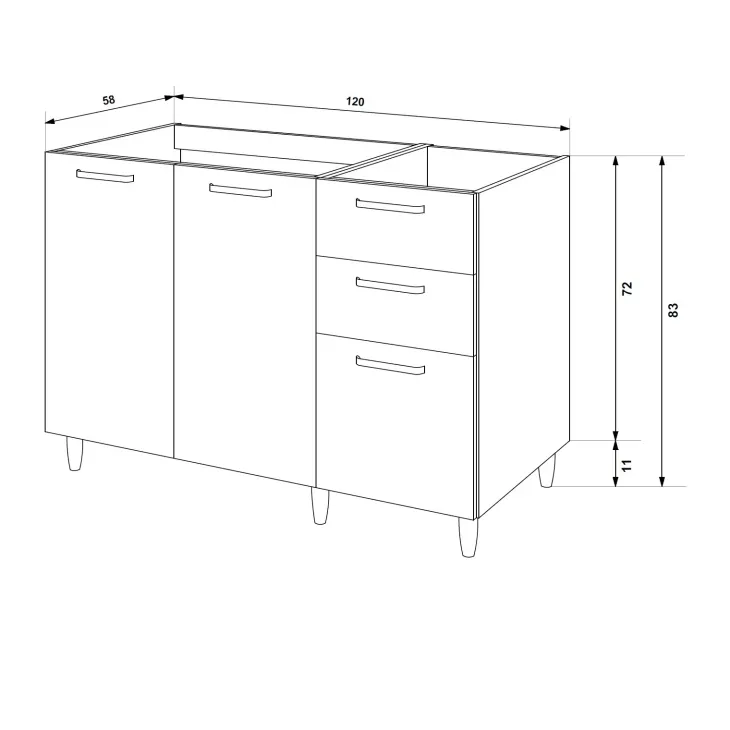Base sottolavello 120x83h cm con doppio lavello e gocciolatoio a sinistra 2 ante 3 cassetti bianco frassinato Talise