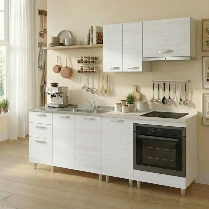Base sottolavello 120x83h cm con doppio lavello e gocciolatoio a sinistra 2 ante 3 cassetti bianco frassinato Talise