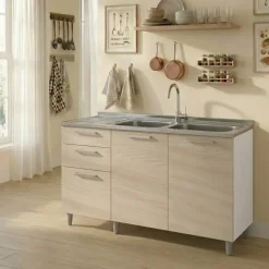Base sottolavello 120x83h cm con doppio lavello e gocciolatoio a sinistra 2 ante 3 cassetti bianco rovere olmo Talise