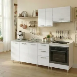 Base sottolavello 120x83h cm con doppio lavello e gocciolatoio a destra 2 ante 3 cassetti bianco frassinato Talise