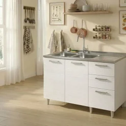 Base sottolavello 120x83h cm con doppio lavello e gocciolatoio a destra 2 ante 3 cassetti bianco frassinato Talise
