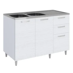 Base sottolavello 120x83h cm con doppio lavello e gocciolatoio a destra 2 ante 3 cassetti bianco frassinato Talise