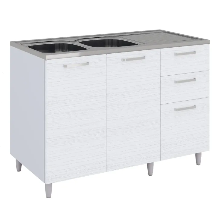 Base sottolavello 120x83h cm con doppio lavello e gocciolatoio a destra 2 ante 3 cassetti bianco frassinato Talise