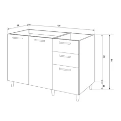 Base sottolavello 120x83h cm con doppio lavello e gocciolatoio a destra 2 ante 3 cassetti bianco rovere olmo Talise