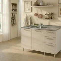 Base sottolavello 120x83h cm con doppio lavello e gocciolatoio a destra 2 ante 3 cassetti bianco rovere olmo Talise