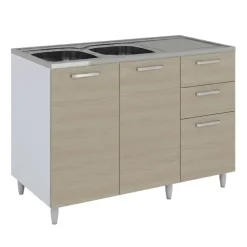 Base sottolavello 120x83h cm con doppio lavello e gocciolatoio a destra 2 ante 3 cassetti bianco rovere olmo Talise