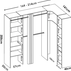 Cabina armadio angolare allungabile 164/214x205h cm con tenda bianco Rivo