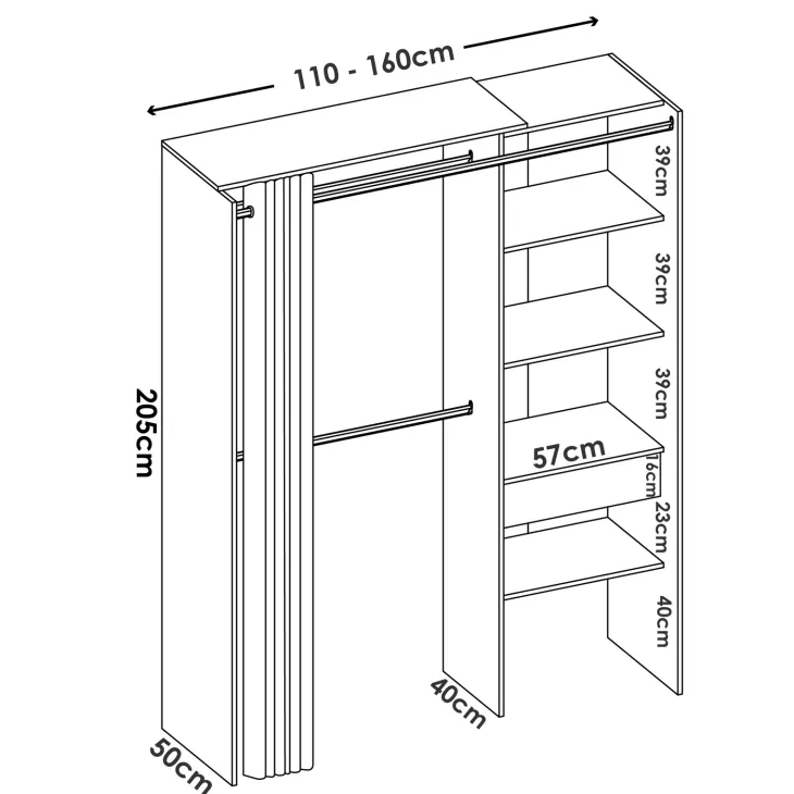 Cabina armadio angolare allungabile 164/214x205h cm con tenda rovere grigio Rivo