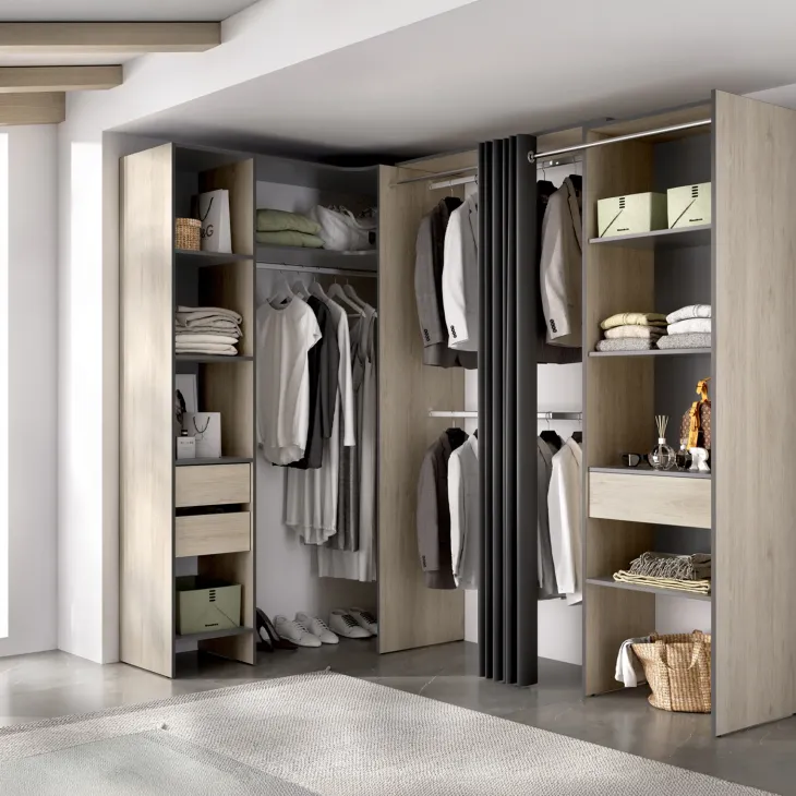 Cabina armadio angolare allungabile 164/214x205h cm con tenda rovere grigio Rivo