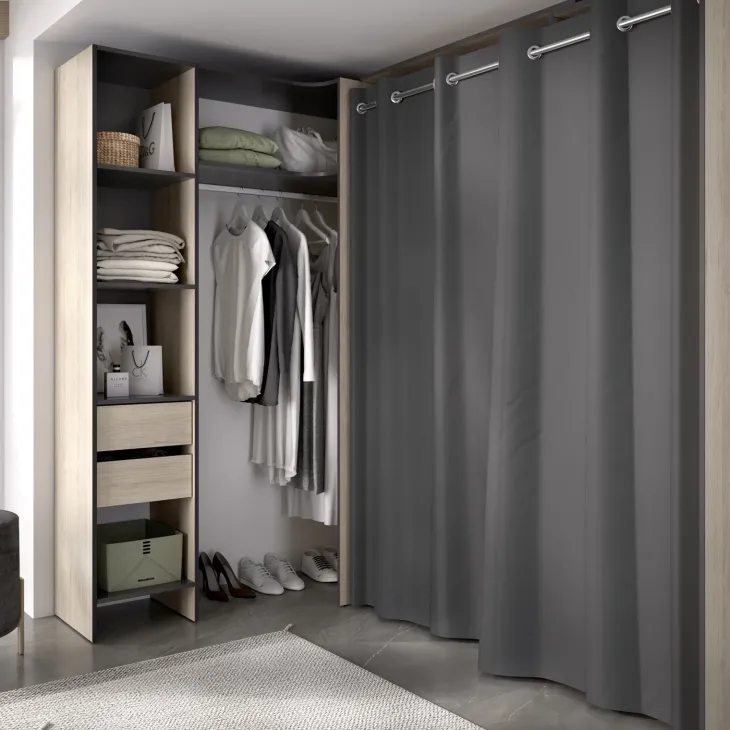 Cabina armadio angolare allungabile 164/214x205h cm con tenda rovere grigio Rivo