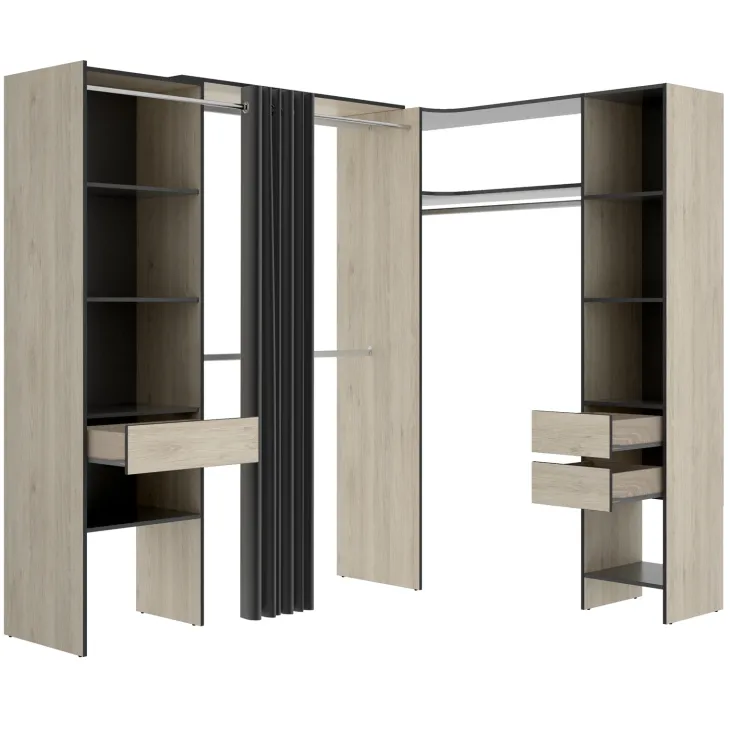 Cabina armadio angolare allungabile 164/214x205h cm con tenda rovere grigio Rivo