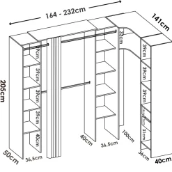 Cabina armadio angolare allungabile 164/232x205h cm con tenda bianco Rivo