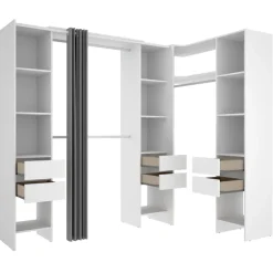 Cabina armadio angolare allungabile 164/232x205h cm con cassetti e tenda bianco Rivo