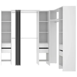 Cabina armadio angolare allungabile 164/232x205h cm con cassetti e tenda bianco Rivo