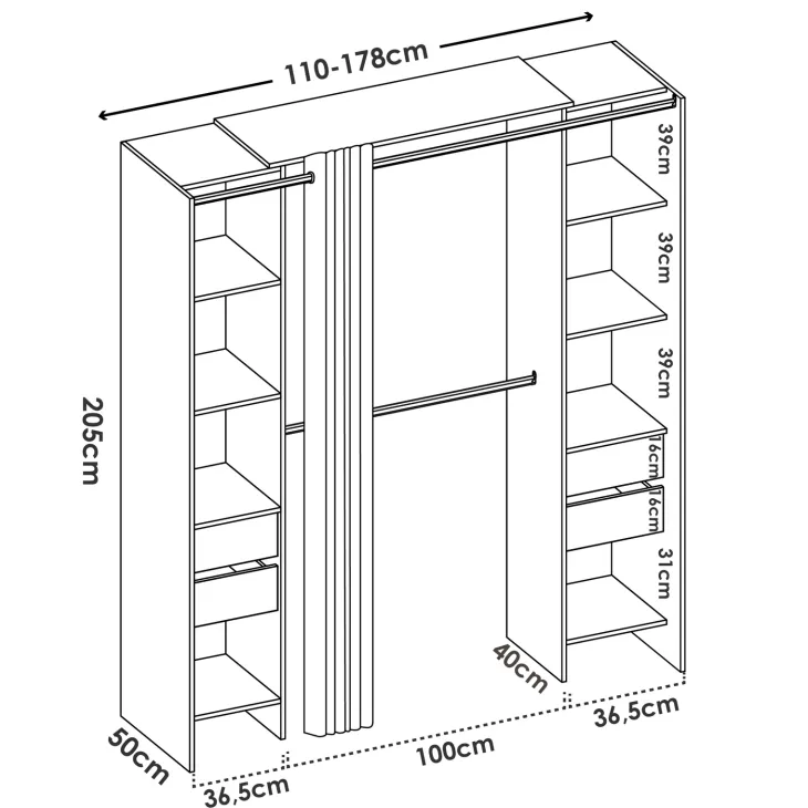 Cabina armadio angolare allungabile 164/232x205h cm con cassetti e tenda bianco Rivo