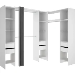 Cabina armadio angolare allungabile 164/232x205h cm con cassetti e tenda bianco Rivo