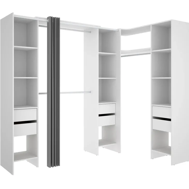 Cabina armadio angolare allungabile 164/232x205h cm con cassetti e tenda bianco Rivo
