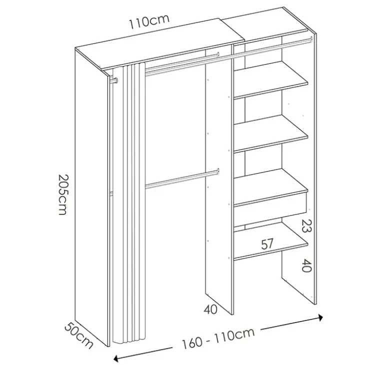 Cabina armadio 160x205h cm allungabile moderno aperto con tenda bianco Gover
