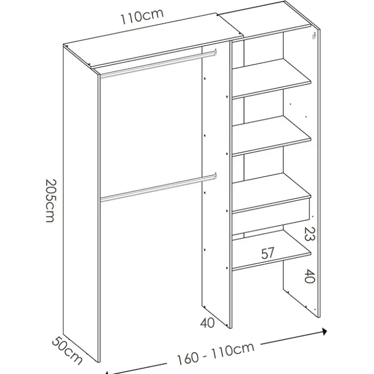 Cabina armadio 160x205h cm allungabile moderno aperto con tenda bianco Gover