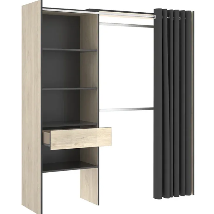 Cabina armadio 160x205h cm allungabile moderno con tenda rovere grafite Gover