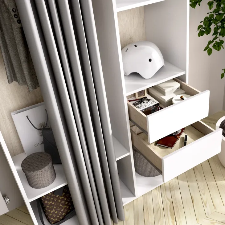 Cabina armadio 98x205h cm 2 cassetti con tenda bianco rovere Vixa