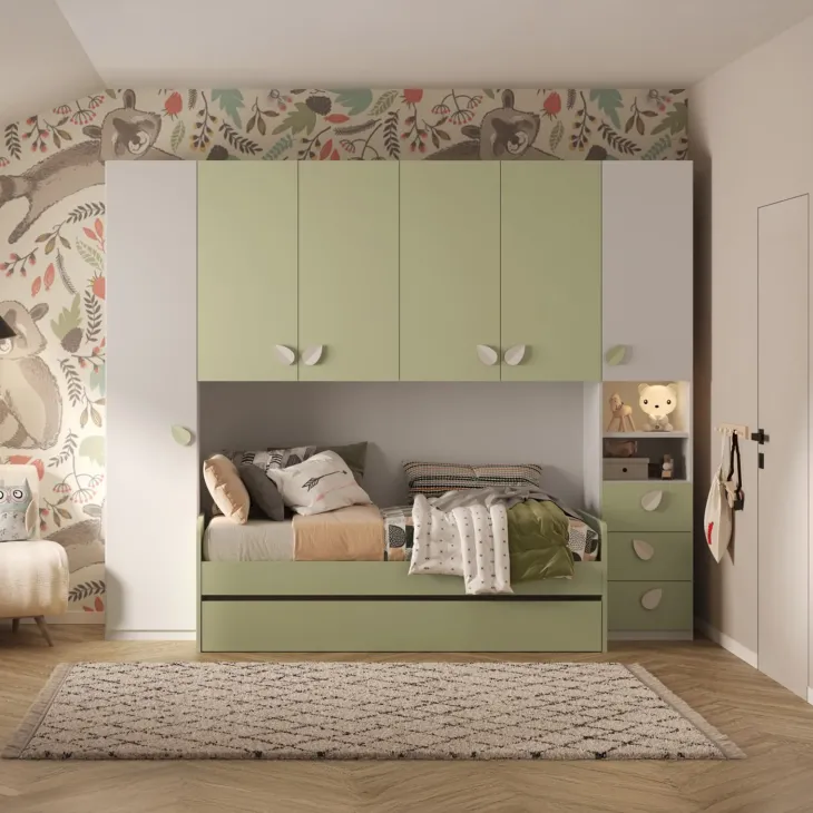 Cameretta a ponte completa con letto estraibile bianco verde Shilly