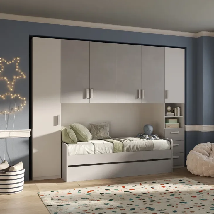 Cameretta a ponte completa con letto estraibile bianco grigio Shilly