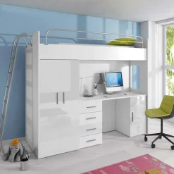 Cameretta a soppalco 204x86cm con armadio e scrivania bianco Luca