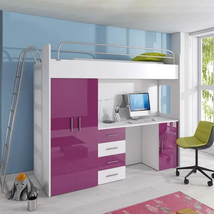 Cameretta a soppalco 204x86cm con armadio e scrivania viola e bianco Luca