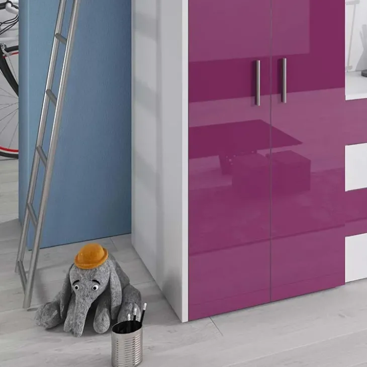Cameretta a soppalco 204x86cm con armadio e scrivania viola e bianco Luca