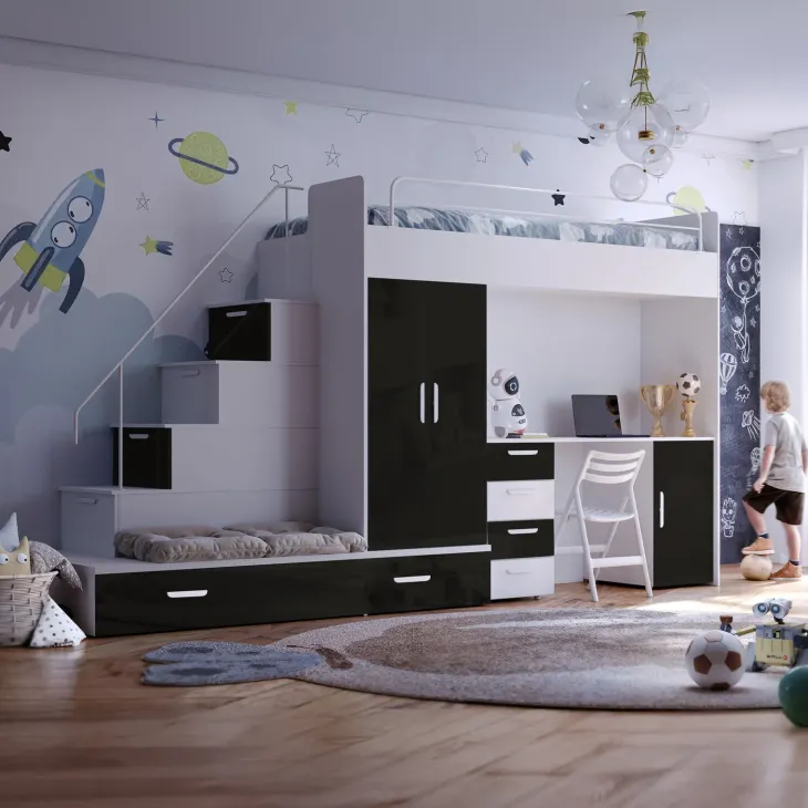 Cameretta bambini completa 2 letti singoli bianco nero Diego Gihome®