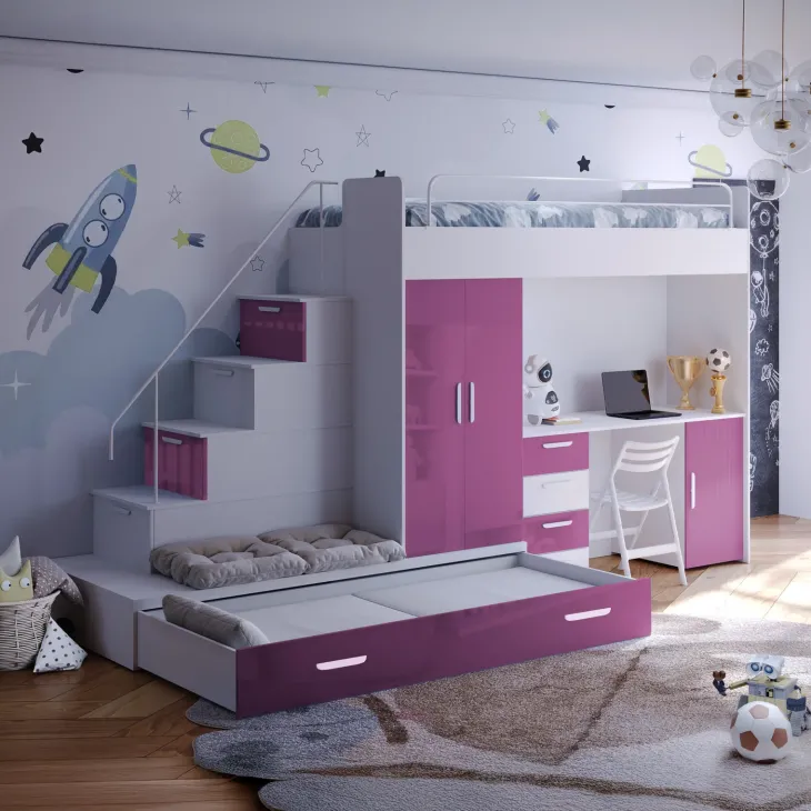 Cameretta bambini completa 2 letti singoli bianco rosa Diego Gihome®