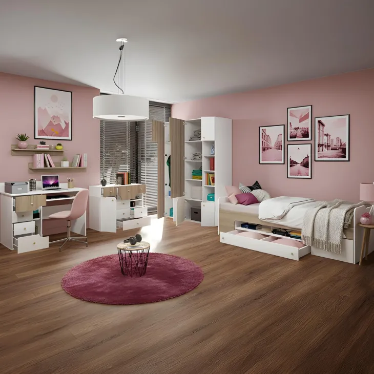 Cameretta bambini completa 1 letto singolo con cassettoni rovere bianco rosa Balocchi