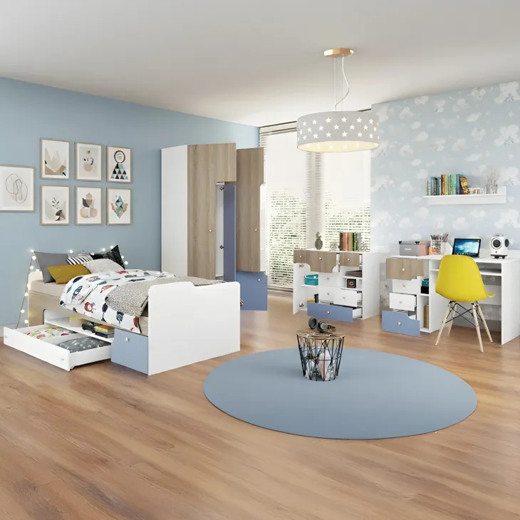 Cameretta bambini completa 1 letto singolo con cassettoni rovere bianco azzurro Balocchi