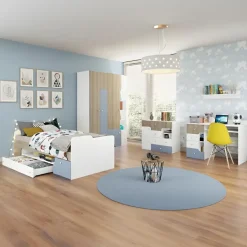 Cameretta bambini completa 1 letto singolo con cassettoni rovere bianco azzurro Balocchi