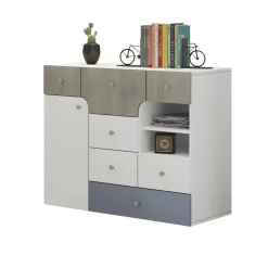 Cameretta bambini completa 1 letto singolo con cassettoni rovere bianco azzurro Balocchi