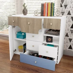 Cameretta bambini completa 1 letto singolo con cassettoni rovere bianco azzurro Balocchi