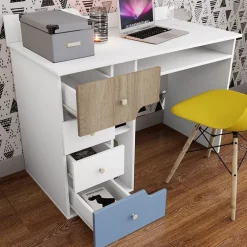 Cameretta bambini completa 1 letto singolo con cassettoni rovere bianco azzurro Balocchi