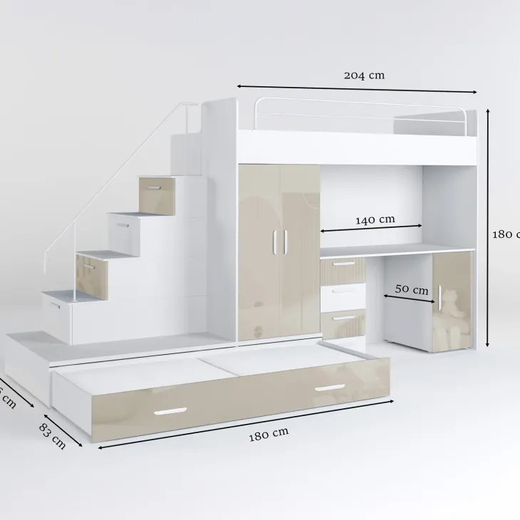 Cameretta bambini completa 2 letti singoli bianco beige lucido Diego Gihome®
