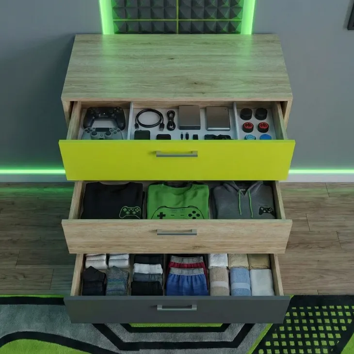 Cameretta bambini rovere verde mela grafite armadio letto comodino cassettiera scrivania Cooper