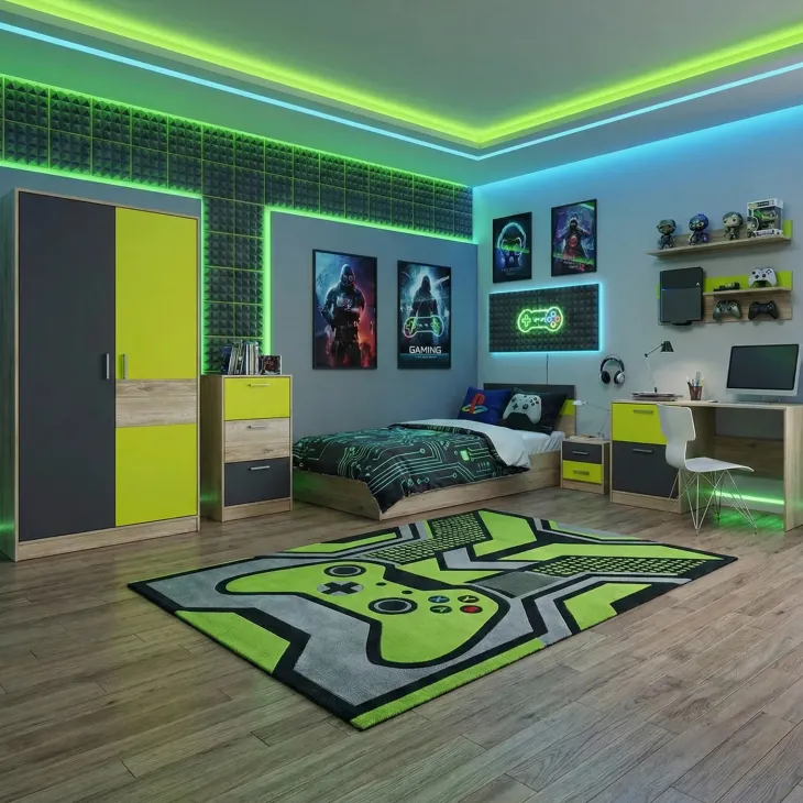Cameretta bambini rovere verde mela grafite armadio letto comodino cassettiera scrivania Cooper