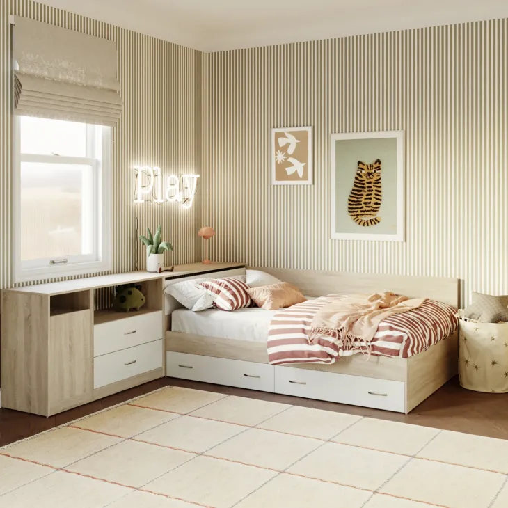 Cameretta completa con letto una piazza e mezza, comò e armadio 3 ante rovere bianco Cesare