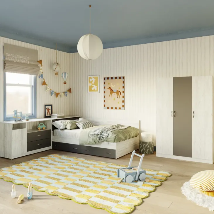 Cameretta completa con letto una piazza e mezza, comò e armadio 3 ante bianco frassinato grigio Cesare
